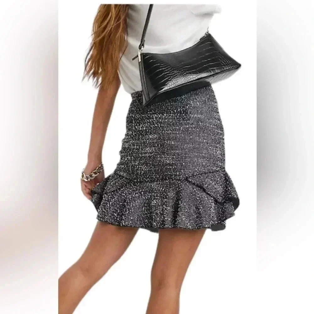 Asos Design Tweed Black&White Pull On Speckle Ruffle Skirt